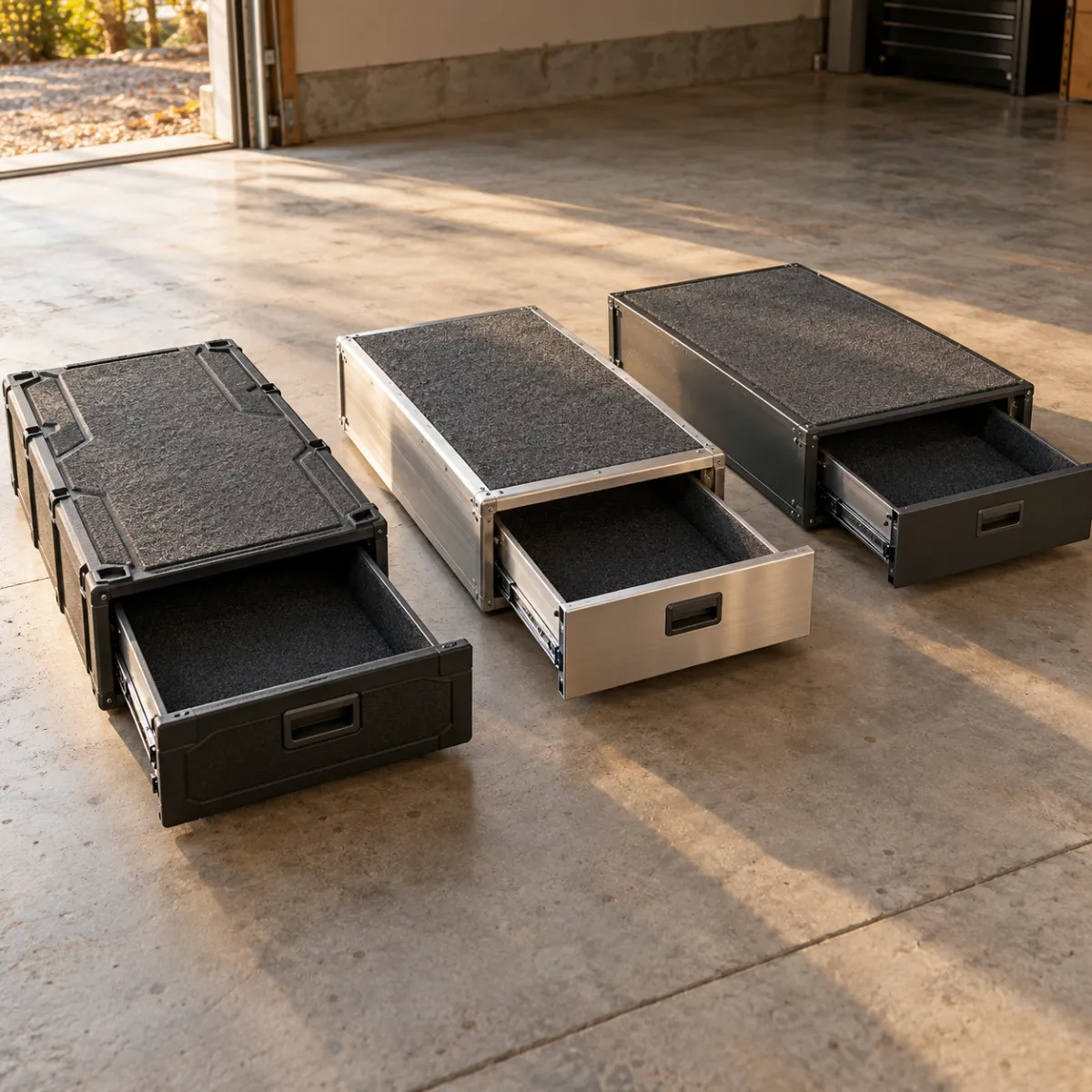 Several truck bed drawer systems from different brands lined up for comparison