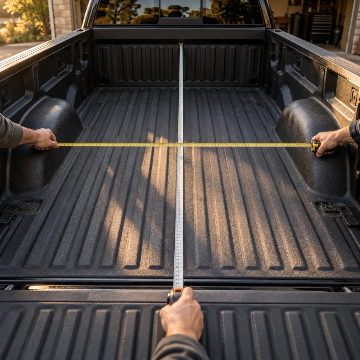 Tape measure stretched between the wheel wells of a pickup truck bed