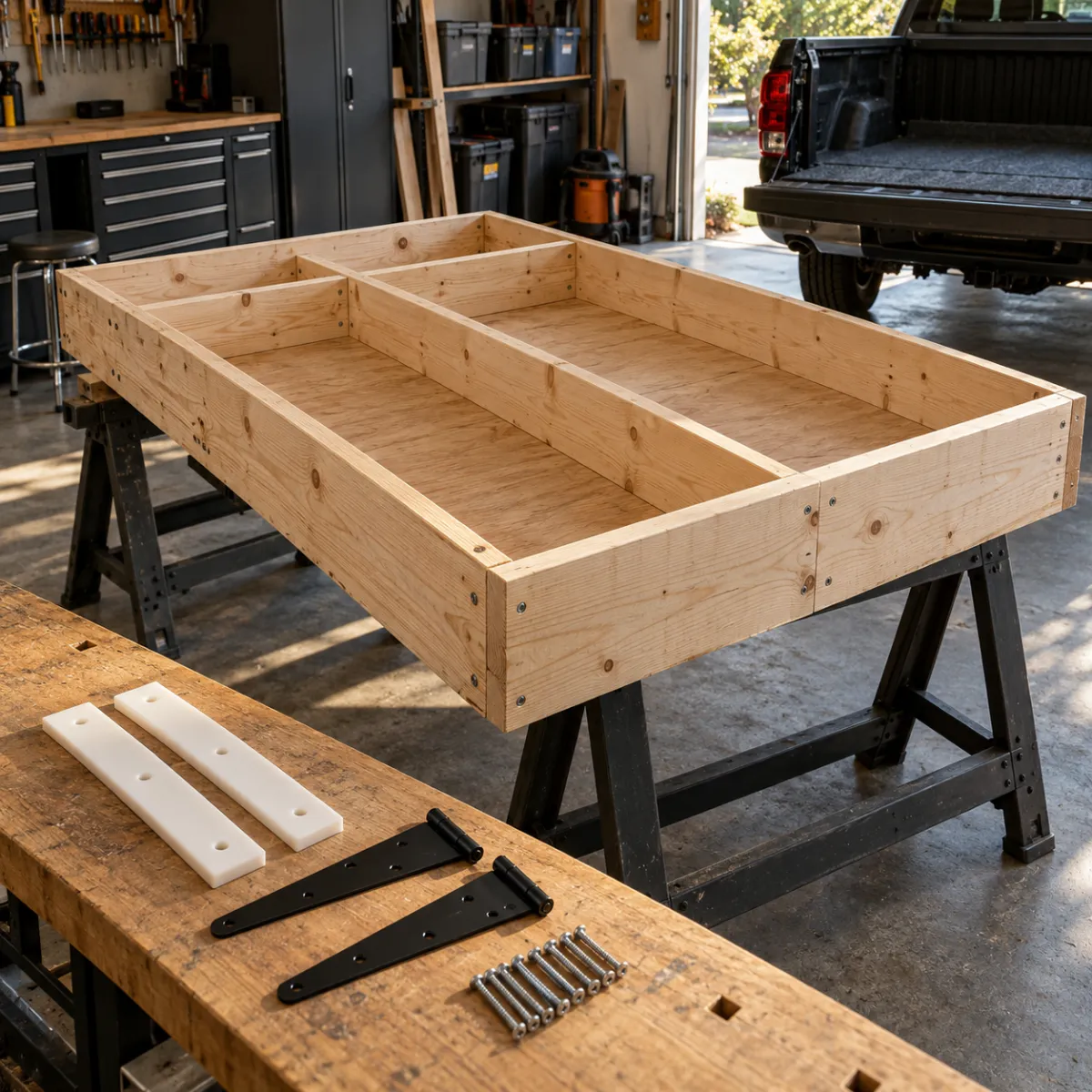 Homemade plywood truck bed drawers with 2x8 frame and carpet lining in a garage