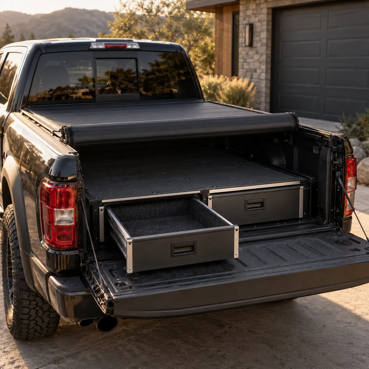 Pickup truck with tonneau cover partly open showing drawer system underneath