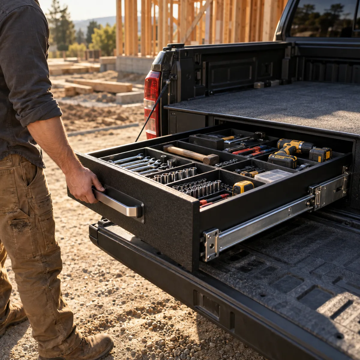 Contractor sliding out an organized tool drawer from a pickup truck bed at a job site