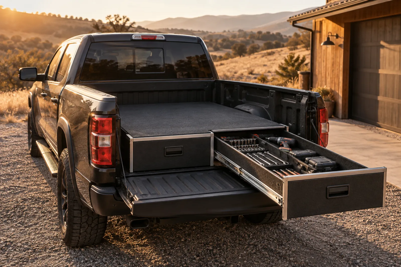 Black HDPE drawer system installed in a full-size pickup truck bed with one drawer pulled out toward the open tailgate