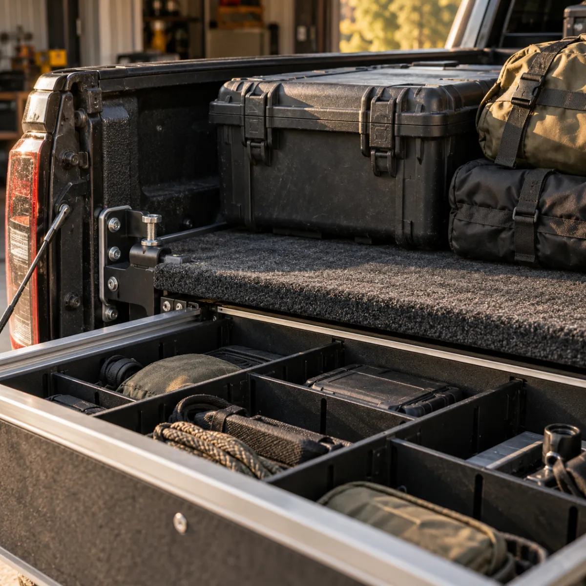 Heavy generator resting on the deck of a truck bed drawer system with steel mounting brackets visible