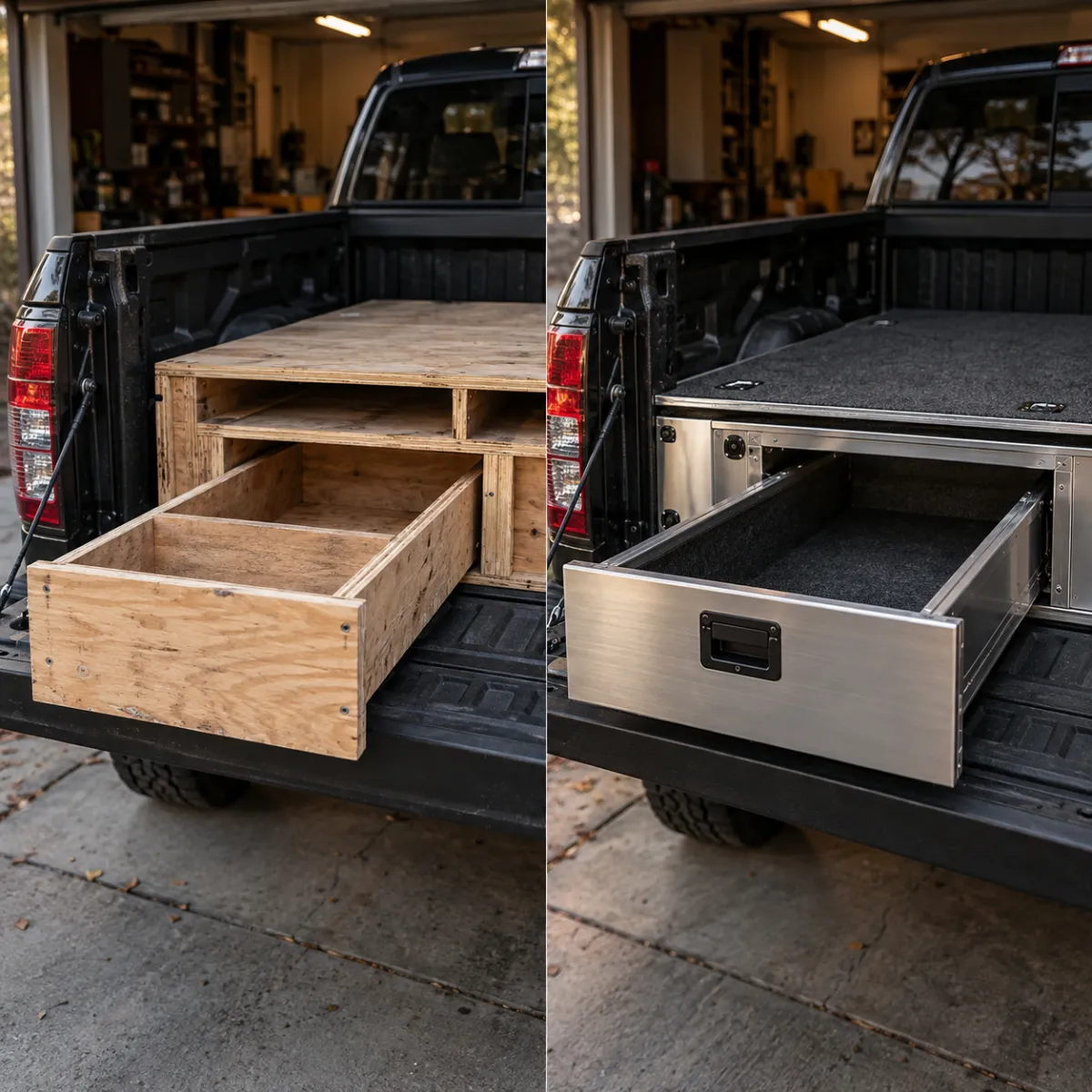 Budget DIY drawer build next to a premium aluminum truck bed drawer system