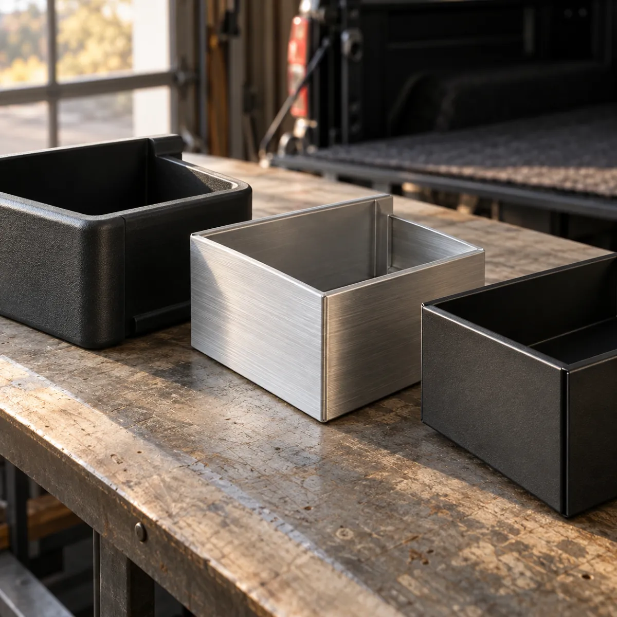 Close-up of HDPE, aluminum and steel truck bed drawer materials side by side