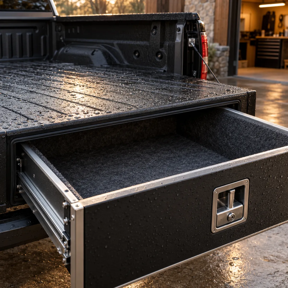 Rain beading on a lockable truck bed drawer lid with rubber seal and T-handle lock