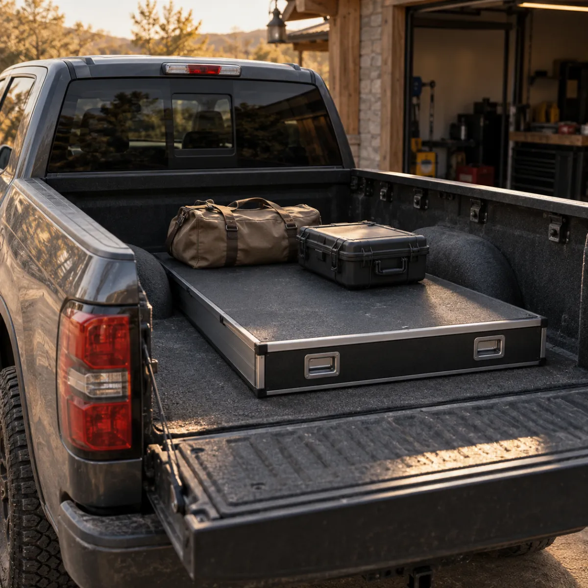 Truck bed drawer unit with a flat deck on top carrying a cooler while drawers below hold tools